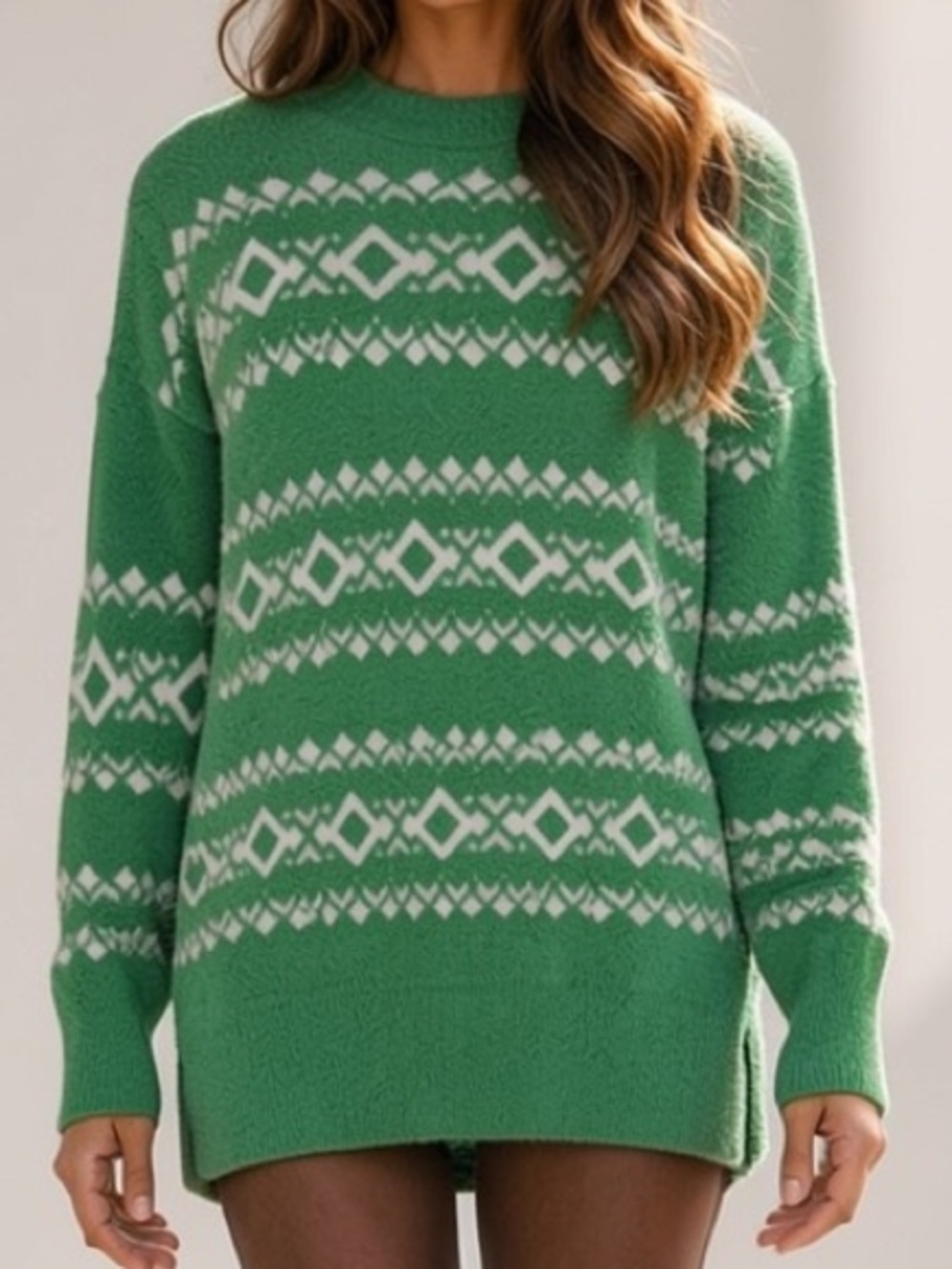 aerie Green Fuzzy Crewneck Sweater with White Fair Isle Pattern